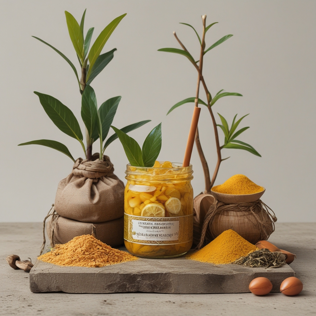 Cangkir tanah liat berisi minuman herbal berwarna kuning keemasan dikelilingi rempah-rempah segar seperti jahe, serai, dan kayu manis di atas anyaman bambu