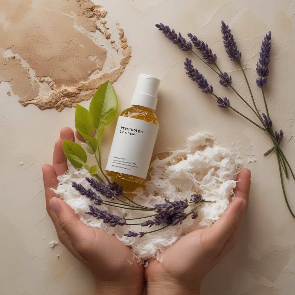 Produk perawatan kulit alami berupa botol minyak kaca, potongan lidah buaya hijau, dan bunga lavender kering tersusun rapi di atas handuk kayu putih bersih