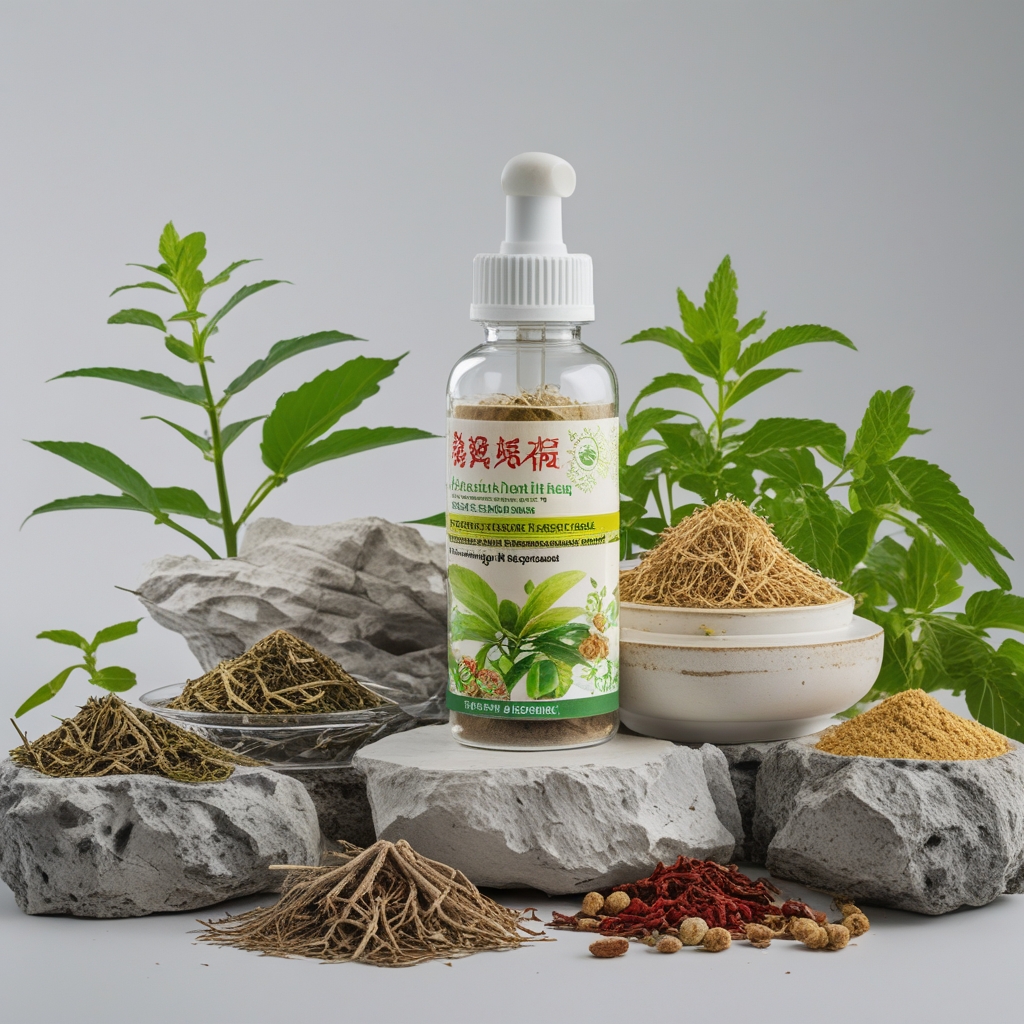 Berbagai akar dan rempah herbal tradisional Asia termasuk ginseng kering, jahe utuh, dan akar temulawak tersusun di atas batu alam