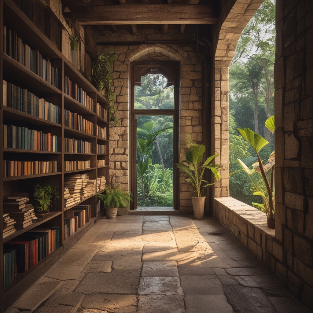 Perpustakaan dengan rak buku penuh berisi buku-buku botani dan alam, pencahayaan hangat dari jendela kayu, suasana tenang dan akademis